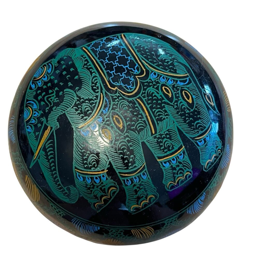 Elephant Nesting Boxes Set of Three Black Lacquer Round Blue Green Vintage Decor
